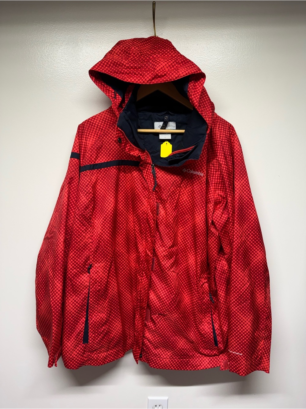 Columbia Men's Red Hooded Rain Jacket with Navy Accents